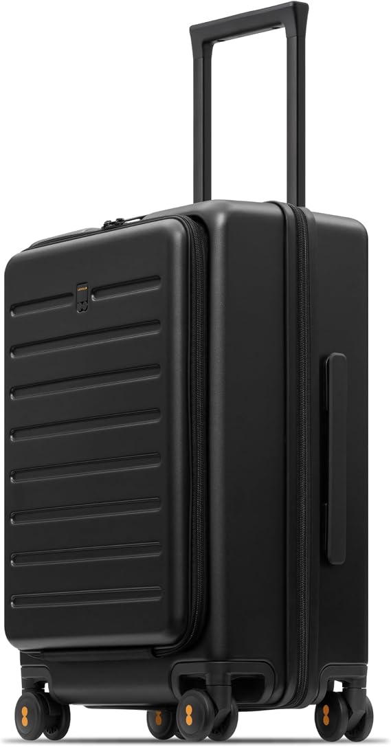 LEVEL8 Road Runner Carry On Luggage with Front Compartment, 20 Inch Lightweight Hard Shell Suitcases with Wheels Airline Approved, Tsa Locks for Luggage, Black,21.46" x 14.57" x 9.45"