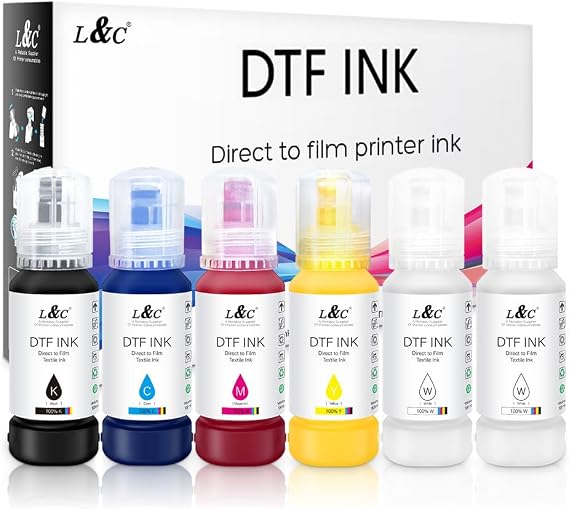 L&C DTF Ink Auto-Fill 600ML DTF Transfer Ink for Epson ET-8550 ET-8500 D570 R1390 DTF Printers Upgraded Heat Transfer Printing Direct to Film Set 100ML x 4 CMYK, 100ML x 2 White (Anti-UV/ICC-Free)