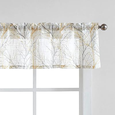 FMFUNCTEX Window Valance Curtains Yellow Grey Tree Branch Print on Semi Sheer White Short Valance for Kitchen Bathroom Rod Pocket Window Treatment 1 Panel, 50 x 15 Inches
