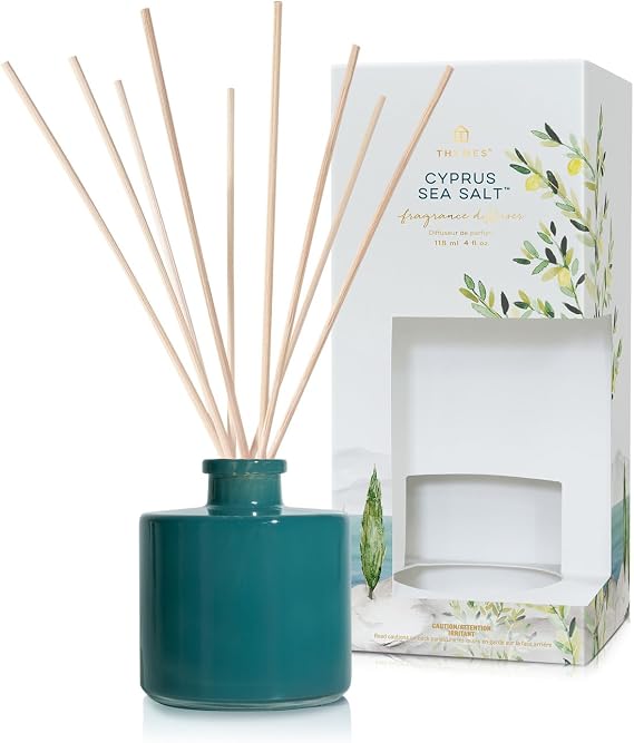 Thymes Petite Reed Diffuser Set Includes Rattan Wood Sticks, Fragrance Oil, Glass Bottle Home Fragrance Oil Diffuser Luxury Home Decor Guest Bathroom Essentials (Cyprus Sea Salt, 4 fl oz)