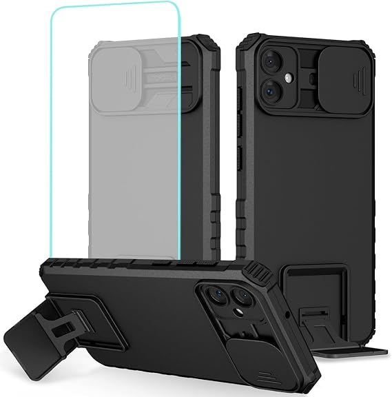 Case for Galaxy A05 Case, Samsung A05 SM-A055F Case with Tempered Glass Screen Protector and Slide Camera Cover, Heavy Duty Kickstand Slim Protective Phone Cover for Samsung Galaxy A05 Black