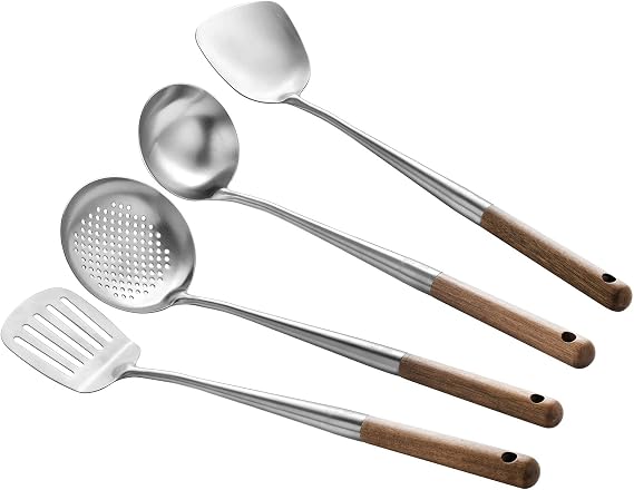 Wok Utensils for Carbon Steel, Stainless Steel Wok Spatula Metal, 4-Pieces 17 Inch Extra Long, Wok Tools Professional Set, Wooden Handle
