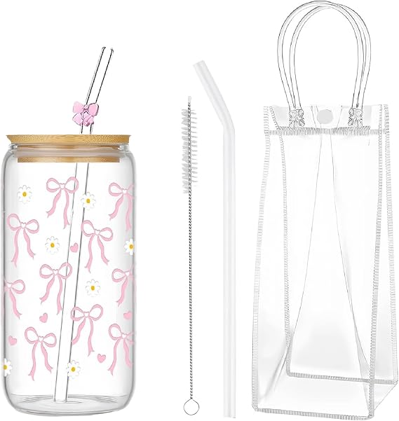 Iced Coffee Cups Set, 16 Oz Glass Cups with Lids and Straws Iced Coffee Glasses Pink Flower Bow Cute Glass Cup with Lid and Straw Aesthetic Iced Latte Glass and Straw for Iced Bubble Tea Water