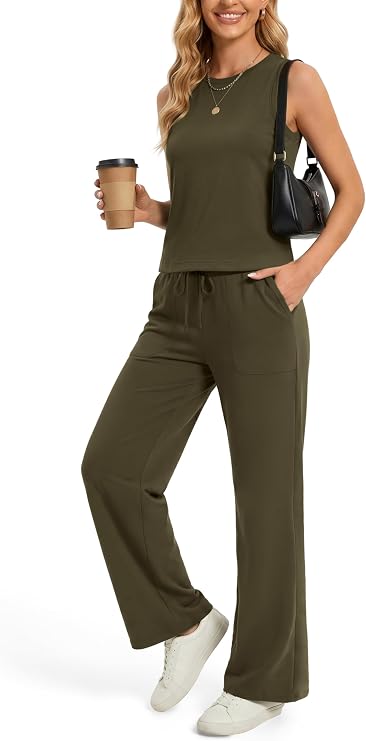 AFINTE Women 2 Piece Lounge Set Summer Sleeveless Crop Top Wide Leg Pants