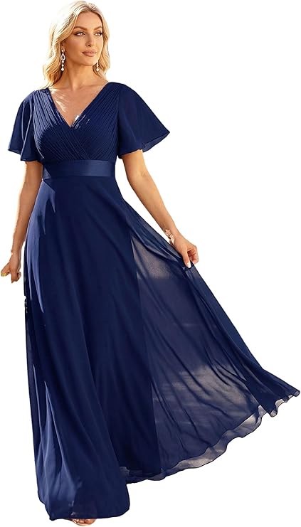 Ever-Pretty Women's Double V-Neck Short Flutter Sleeves Empire Waist Elegant Chiffon Long Evening Dresses 9890