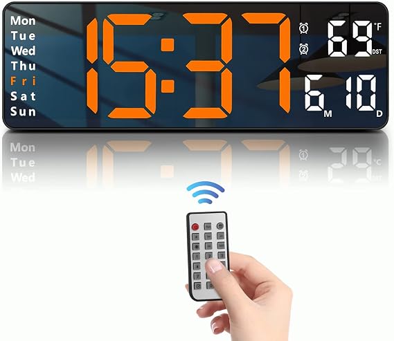 JoFomp Digital Wall Clock - 13" Large LED Display, Loud Alarm, Remote Control, DST, Auto-Dimming, Date and Day, Timer, Temperature - 12/24H Format - Ideal for Living Room, Bedroom, Kitchen
