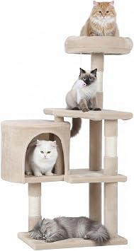 Dopinmin 36" Winter Cat Tree - Plush Multi-Level Indoor Cat Tower with Sisal Scratching Posts & Ramp Plush Condo for Kittens,Beige