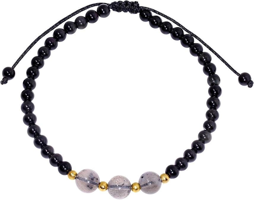 Spiritual 4mm Black Agate and Moonstone Bracelets Positive Energy | Bracelets for Women, Handcrafted Sliding Knot Closure, Adjustable 6.5-7 inches, Moonlight Effect, Love Protection Stone