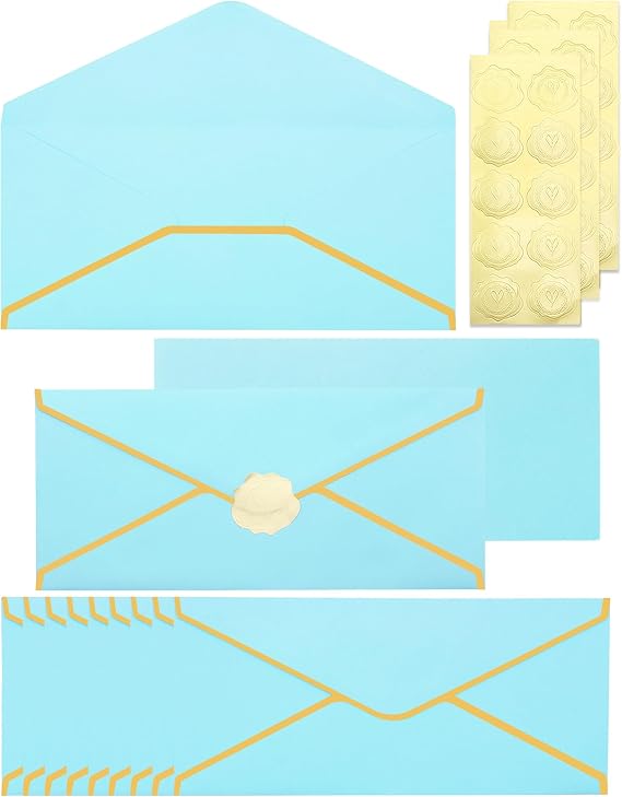 Business Envelopes with V-Flap,Gold Border 30 Pack #10 Envelopes Made of 150gsm Paper, Standard Envelopes with Gold Stickers for Office, Checks, Letter Mailing,9.45 x 4.13 Inches (Light Blue)