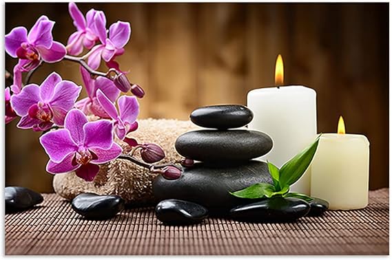 HPUXSYIO Canvas Prints Wall Art - Spa Still Life Orchid Stones Candles Spa Zen Stones Modern Wall Decor Home Decoration (Unframed - Canvas only,16x24inch)