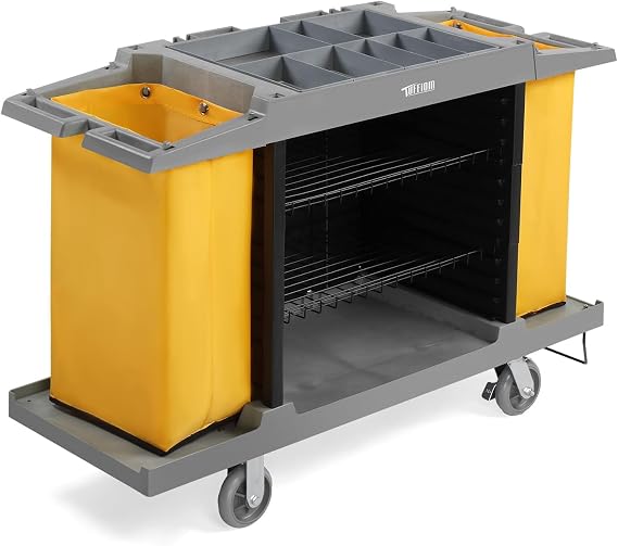 LEADZM Premium Hotel & Housekeeping Cart on Wheels, 154LBS Multifunctional Commercial Cleaning Cart with Large Capacity Vingyl Bags, Comfor Grip Handles and Easy Move Casters, Gray