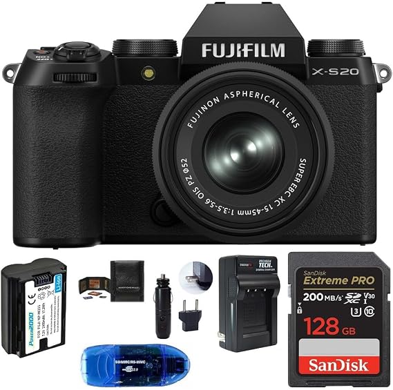 FUJIFILM X-S20 Digital Camera with 15-45mm Lens Bundle, Includes: SanDisk 128GB Extreme PRO SDXC Memory Card, Spare Battery and More (6 Items)