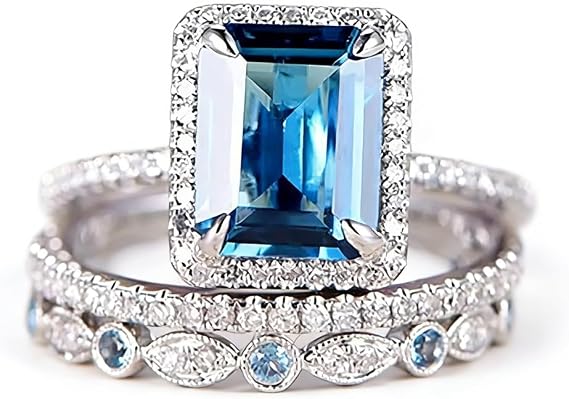 RKKOJJO 925 Sterling Silver 3 Piece Set Engagement Ring Cubic Zirconia Gemstone Rings Blue Diamond Statement Eternity Band Wedding Rings for Women Size 6, CS589969-101-6