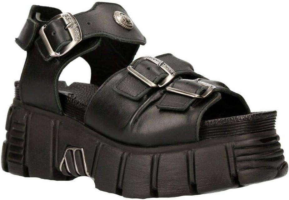New Rock Boots M-BIOS101-C2 Unisex Metallic 100% Leather Sandal Punk Rock with Buckle Fastening