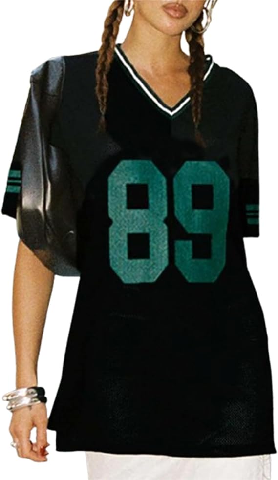 Jersey Shirts for Women Y2k Oversized Number Graphic Tee T-Shirt V Neck Short Sleeve Sport Casual Tops Streetwear