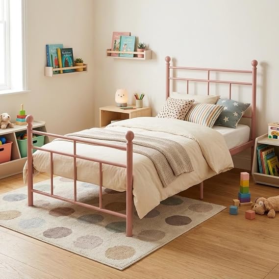 Brown Queen Size Bed Frame with Headboard, Rustic Vintage Heavy Duty Metal Bedframe, Platform Bed Support Mattress Foundation, No Box Spring Needed (Pink, Twin)