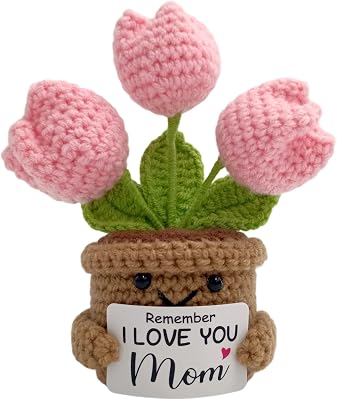 Fmcmly Mini Birthday Gifts for Mother, Remember I Love You MOM, Handmade Crochet Cute Tulip Flower, Gift for Mom from Daughter or Son