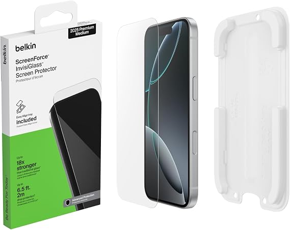 Belkin ScreenForce InvisiGlass iPhone 17 Pro koruyucu folyo, ekran koruyucu, çizilmez, konumlandırma kılıflı ekran koruyucu, kabarcıksız takma, kılıflar için uygun, geri dönüştürülmüş koruyucu cam