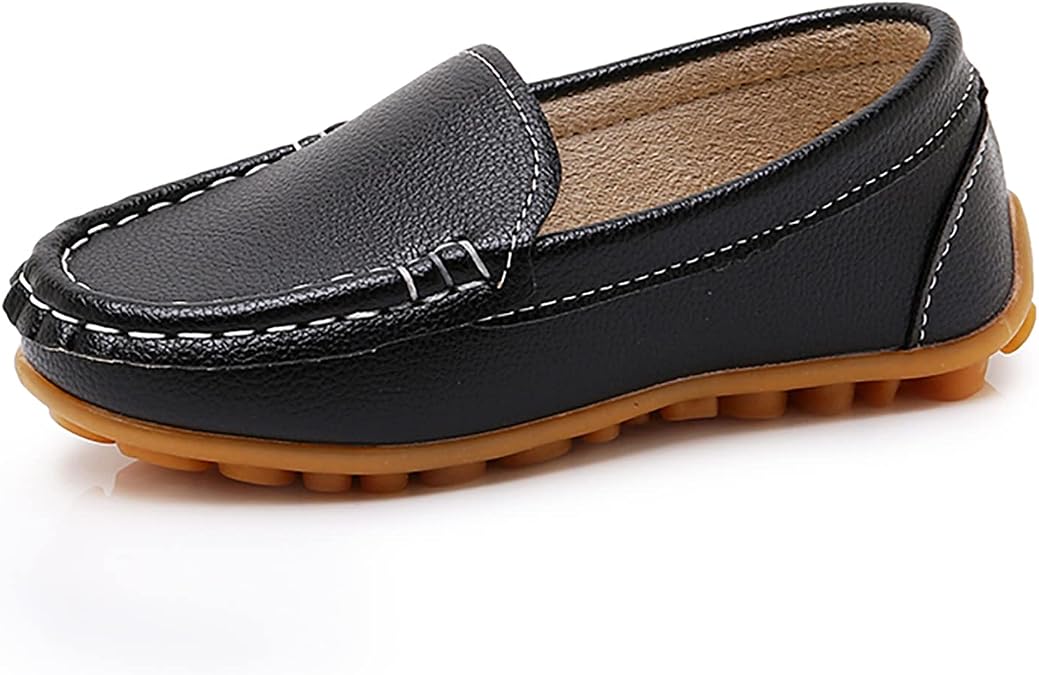 SOFMUO Boys Girls Leather Loafers Slip-On Oxford Flats Boat Dress Schooling Daily Walking Shoes(Toddler/Little Kids)