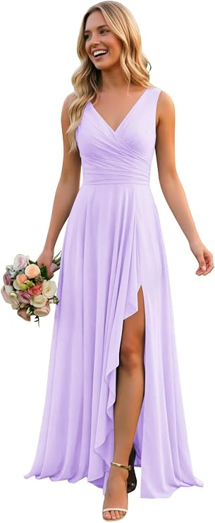 Womens Ruched Bridesmaid Dresses with Ruffles Wedding Dress Chiffon V Neck Formal Dress with Slit for Wedding Guest