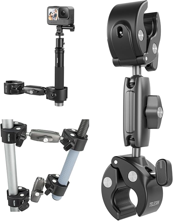 TELESIN Duall Ball Clamp Mounting Rod Pole Bicycle Bicycle Motorcycle Handlebar Tube Holder Accessories GoPro Hero 13 12 11 10 9 8, DJI Osmo Action 5 Pro 4 3 Compatible with Insta360 X3 X4 Go3 Ace Pro