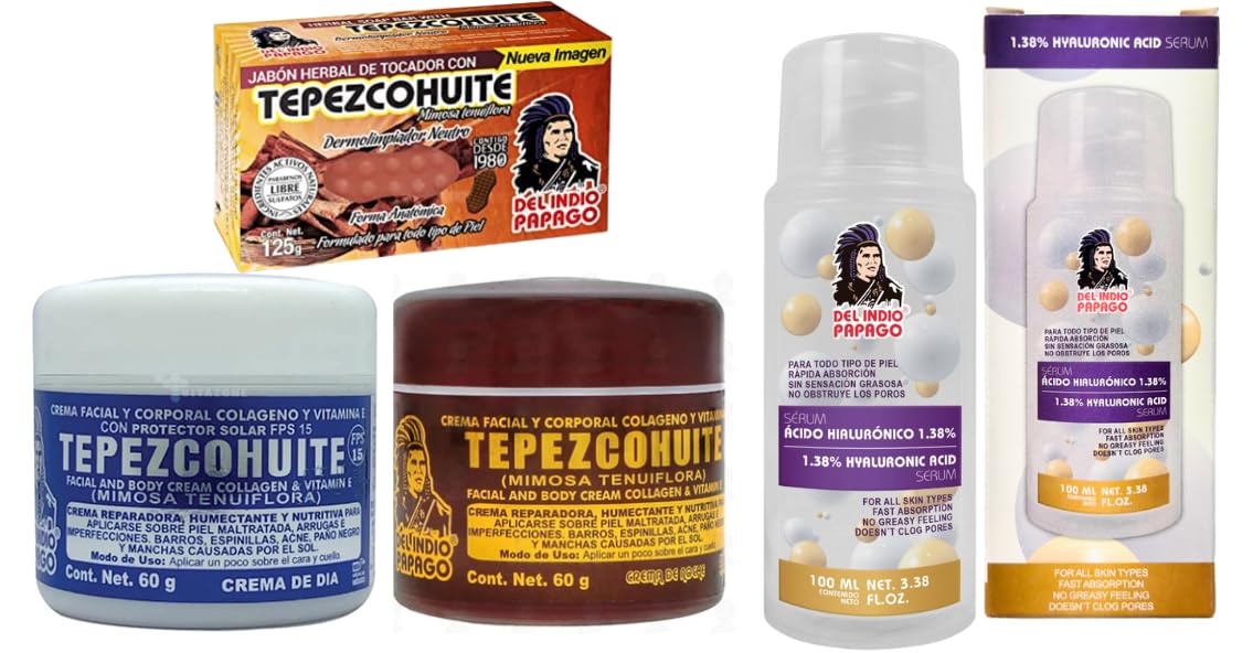 Del Indio Papago Tepezcohuite Day & Night Creams 2oz each  Hyaluronic Acid Serum 3.38 Fl Oz  Smooth Boost to your face and skin - Moisturize, Hydrate, and Radiate your Skin's Appearance