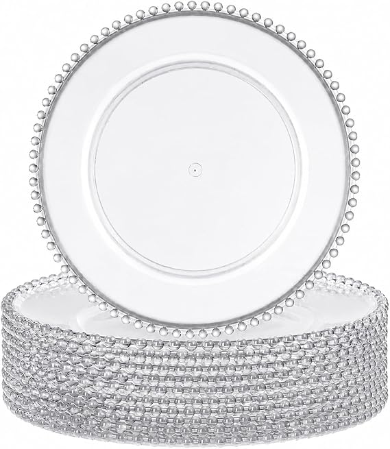 Lawei 12 Pack Clear Plastic Charger Plates with Bead Rim, 13 Inch Plastic Round Serving Plates Decor Dinner Plates for Party Wedding Events Dinner Decoration