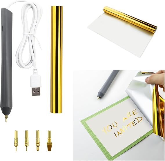 Hot Foil Pens Scrapbooking Tool with 4 Interchangeable Nibs Gold Transfer Foil Roll Freestyle Foiling Pen for Card Making, Calligraphy