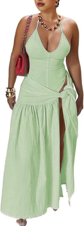 Two Piece Skirt Set Women Sexy Bodysuit Wrap Maxi Vacation Outfits | Skirt Sets Women 2 Piece,Backless Bodysuit,Wrap Tied High Split Maxi Skirt,Summer Wear for Beach,Club,Party