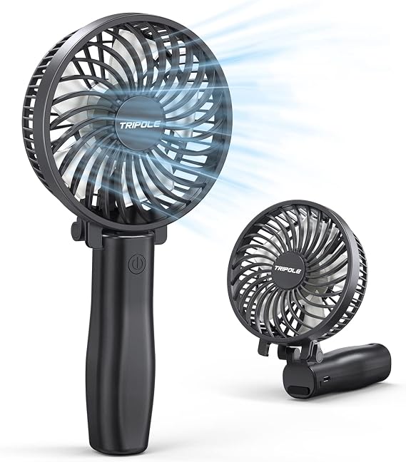TriPole Handheld Rechargeable 4800mAh Battery Operated Mini Fan - Portable 3 Speeds Personal Desk Fan for Travel, Kids, Boys, Girls, Men, Women - 6-21H Working, Black