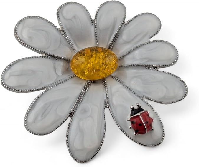Ladybug & White Daisy Flower Brooch enamel silvertone pin w/lady bird insect, faux amber center