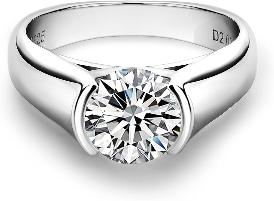 CannyCat 2 Carat Moissanite Half Bezel Set Ring for Women Platinum-Plated Silver D color VVS 8 mm Moissanite Solitaire Engagement Promise Band