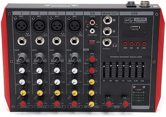Professional Bluetooth DJ Audio Mixer - 6 Channel DJ Controller Sound Mixer MP3 Input 48V Phantom Power Stereo DJ Studio for Professional Recording Party KTV Stage