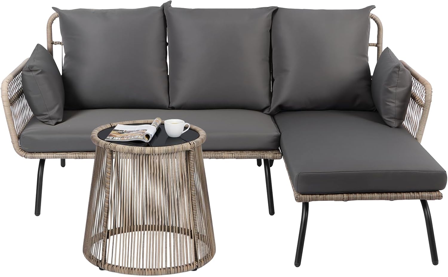 Panana 4 Seater Rattan Garden Sofa Set, L-Shaped Outdoor Patio Seating Furniture with Coffee Table & Cushions, Wicker Lounge Set for Garden, Conservatory, Decking