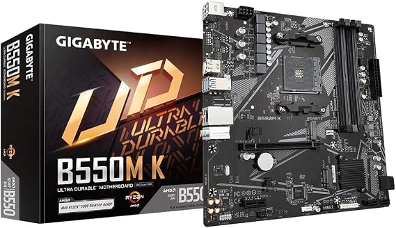 Gigabyte B550M K Motherboard - Supports AMD Ryzen 5000 Series AM4 CPUs, up to 4733MHz DDR4 (OC), 2xPCIe 3.0 M.2, GbE LAN, USB 3.2 Gen1