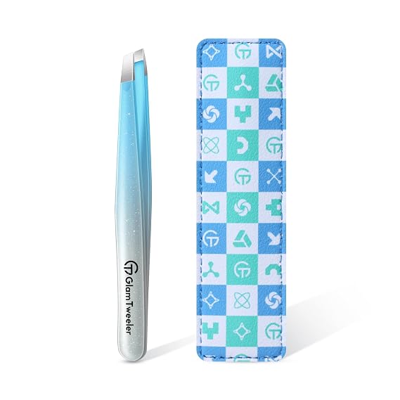Expert Slant Tip Tweezers with Leather Case, GlamTweeler Sharp & Precision Stainless Steel Tweezer for Eyebrows, Facial Hair and Fine Hairs Removal (Sparkle Blue & Silver)