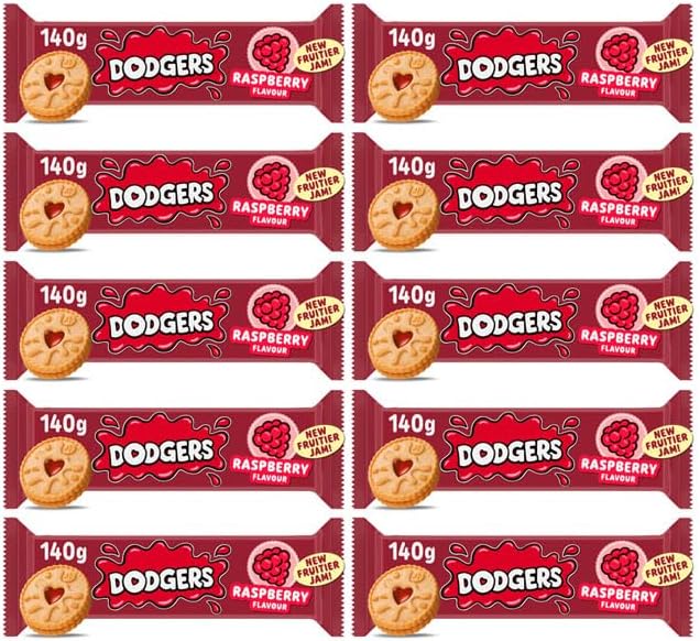 Dodgers Raspberry Flavour Biscuits, All Natural Colours and Flavours, Suitable for Vegans, 140g, Pack of 10