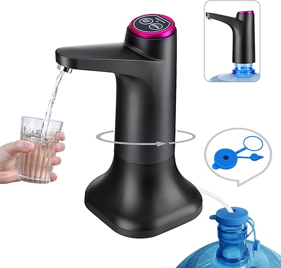 5 Gallon Water Pump, Portable Water Dispenser for 5 Gallon Bottle | USB-C Rechargeable, Countertop, Electric, 600ml Quantitative Pumping, Universal Water Bucket Cap, Black
