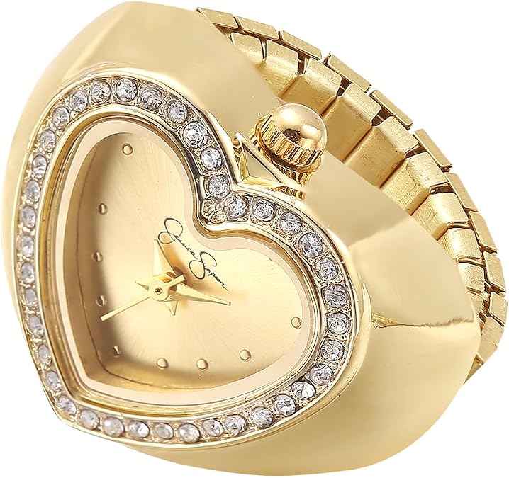 Jessica Simpson Women's Silver Adjustable Ring Watch Crystal Heart Shaped Bezel, Quartz Analog Mini Dial, Stretch Band Fashion Jewelry Accessory