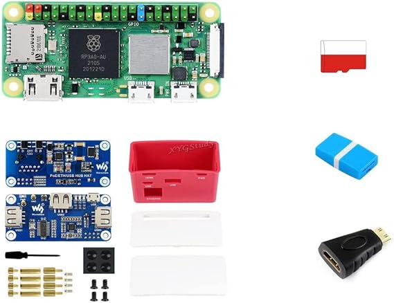 for Raspberry Pi Zero 2 WHC Package F Kit with PoE-ETH-USB-HUB-Box Mini HDMI to HDMI Adapter and Blank Integrated Circuit Card SD Card Reader 16GB @XYGStudy (RPi Zero 2 WHC Package F)
