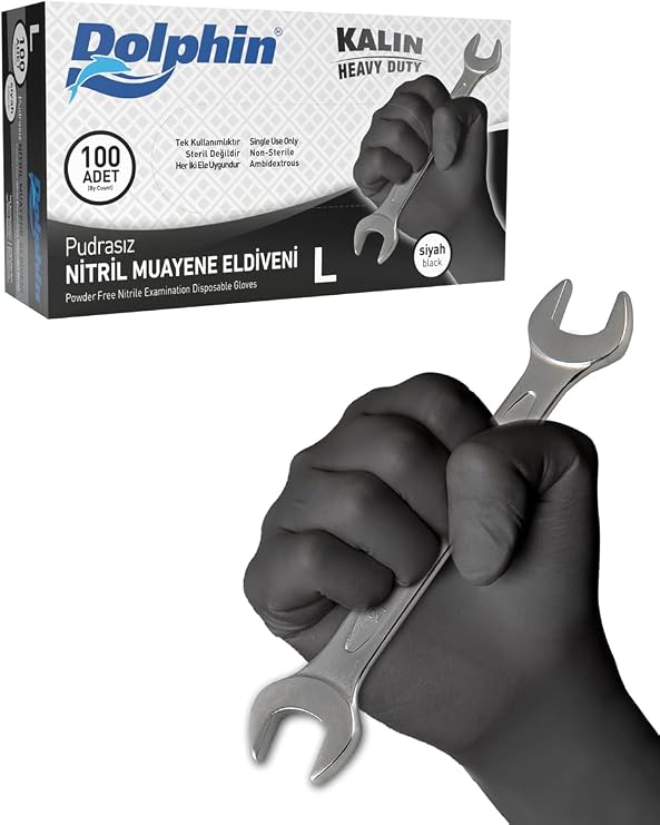 Dolphin Black Nitrile Gloves Powder Free Thick 100 Pack L