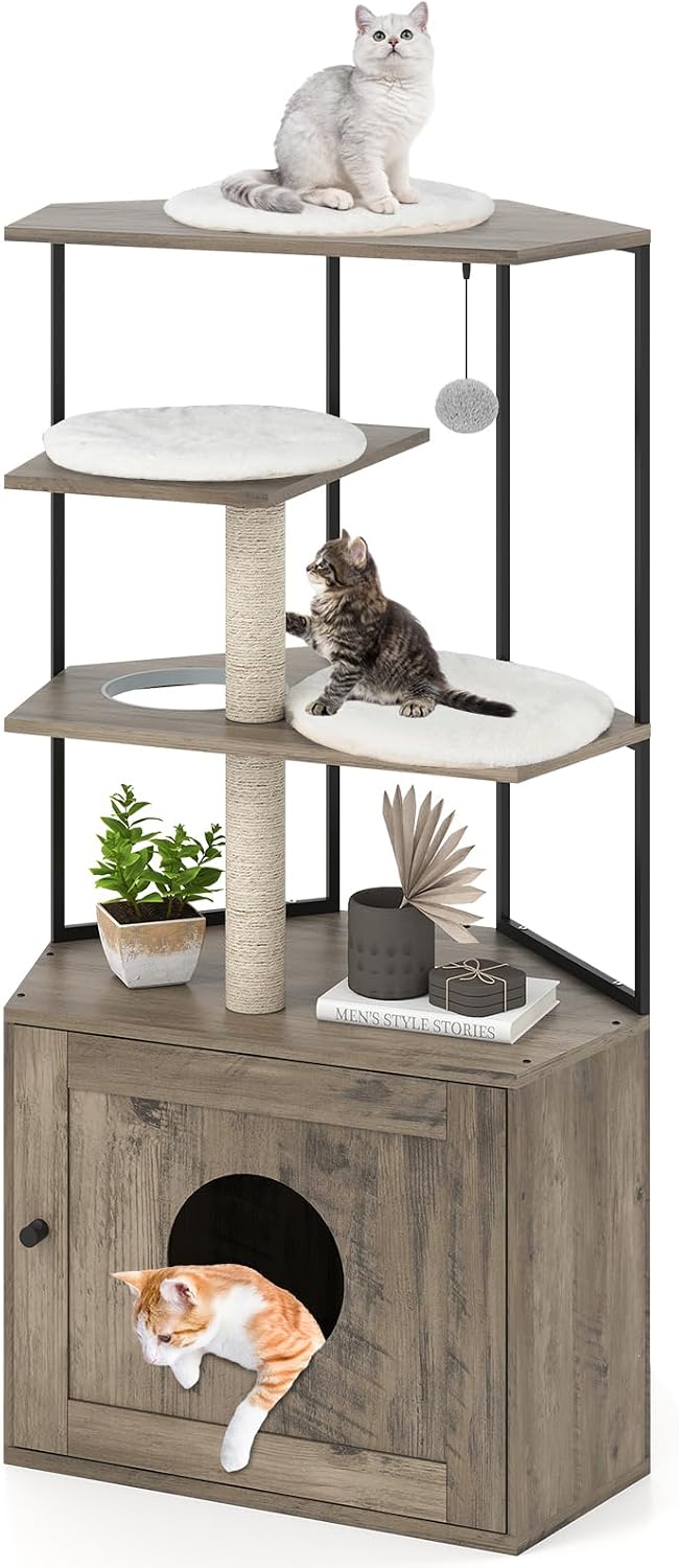 COSTWAY Cat Tree with Litter Box Enclosure, 2 in 1 Cats House with Sisal Scratching Posts, Hanging Ball, Cushions, Wooden Cat Climbing Tower Hidden Kitty Washroom
