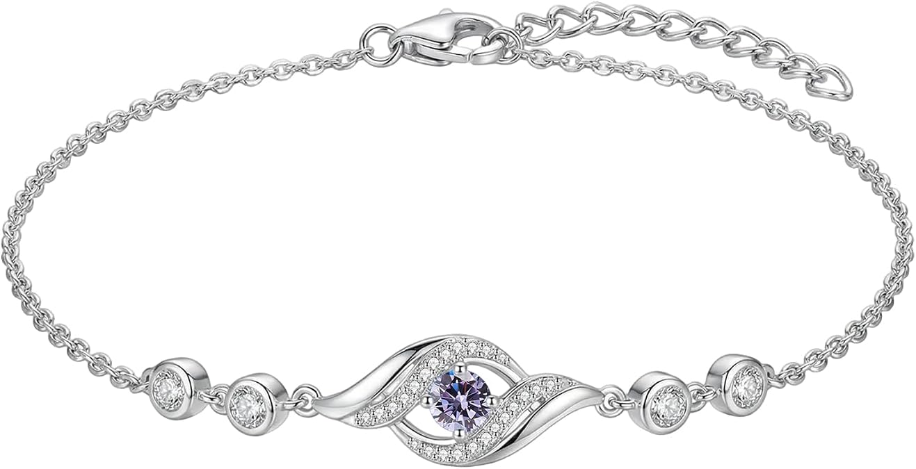 Sterling Silver Birthstone Bracelets for Women | Infinity Charm Link Bracelets, Adjustable Length:8.5", Birthday Gifts, Dainty Anniversary Jewelry for Wife Girlfriend Her