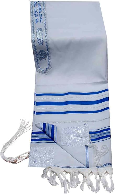 Acrylic Tallit (Imitation Wool) Prayer Shawl Blue and Silver Stripes in Size 18" Long and 72" Wide