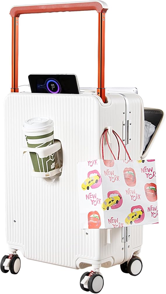 Carry on Suitcase 20-Inch with Laptop Compartment, PC Hard Shell with Aluminium Frame and TSA Lock, Cabin Luggage with Spinner Wheels, USB Charging, Cup Holder, White
