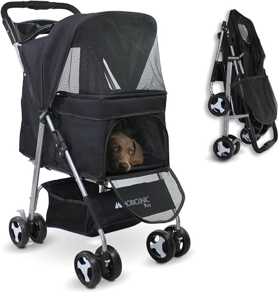 Mobiclinic® Pets Foldable Dog Pram, Up to 15 kg, Ideal for Small Dogs, Pet Stroller, Zuma, Wheels with 360° Brakes, XXL Basket, 3 Windows with Zip and Mosquito Net, Cup Holder (Black)