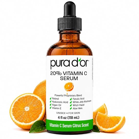 PURA D'OR 20% Vitamin C Anti-Aging Facial Serum, 4 fl oz | Smoother-Looking Texture, pH Balanced, Ferulic Booster, Antioxidant Support, Uneven Tone, Lightweight, Vegan, Cruelty-Free