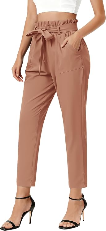 GRACE KARIN Women Work Pants, High Waist Dressy Trousers Business Casual | Paper Bag, Bow Tie, Office, Stretch Elastic Waist, with Pockets, Lightweight Slim Fit, Pull-on