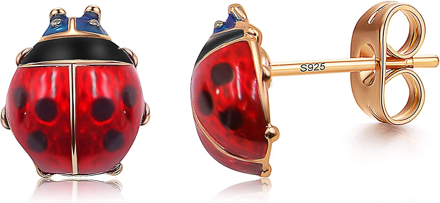 Rose Gold Plated Red Ladybug Black Spots Animal Stud Earrings Fashion Jewelry for Women