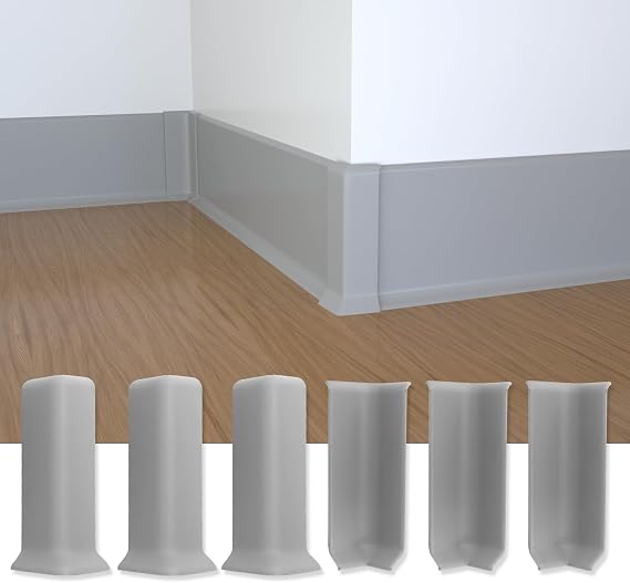 COUKIU Self Adhesive Baseboard Corner Blocks, 4inch(Width)3 Inside + 3 Outside Corners-Connector Between The Wall Base Cove Base Rubber Moulding Trim, Perfect Match for Our S100 Baseboard(Gray)